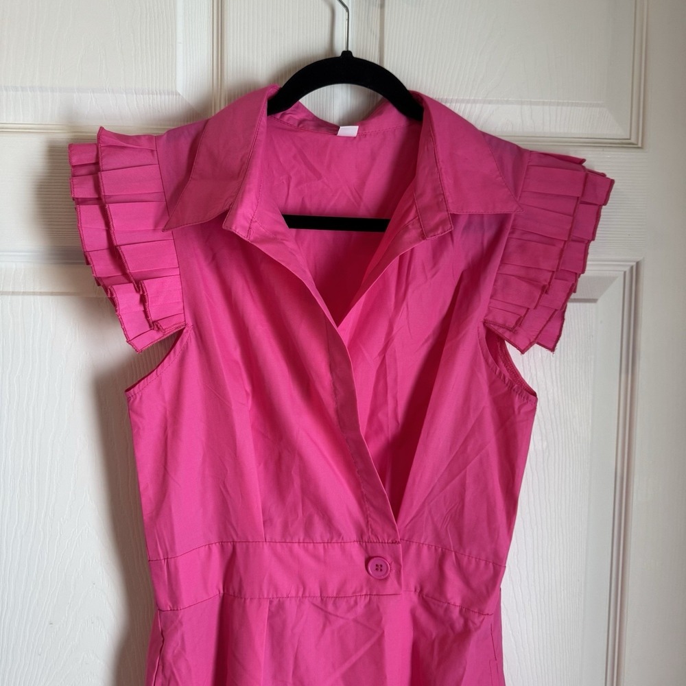 Pink Solid Deep V Neck Ruffle Cap Sleeves Classic Collar Midi Dress Sz M Fairy - Picture 2 of 13